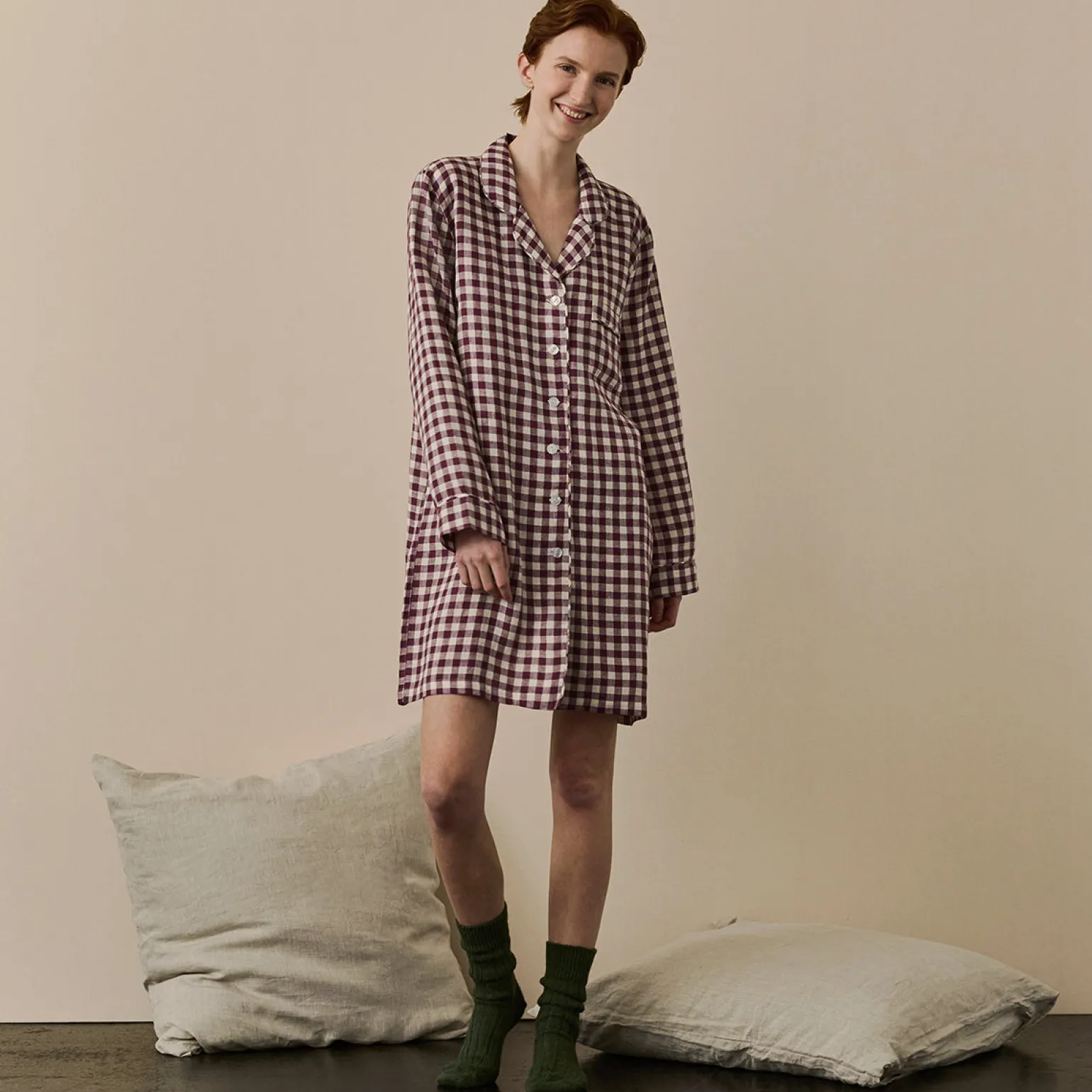 Berry Gingham Linen Night Shirt