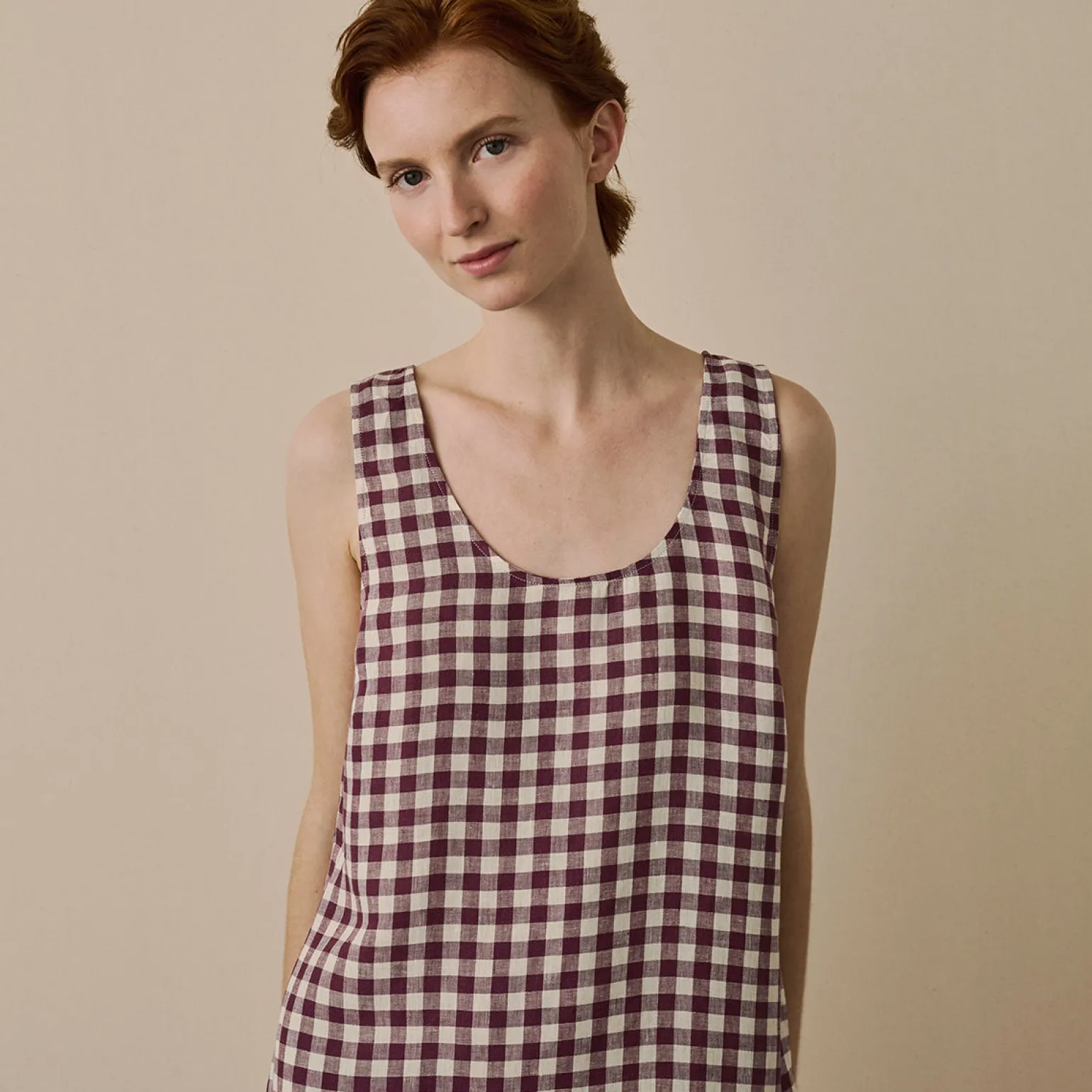 Berry Gingham Linen Night Dress