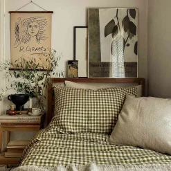 Botanical Green Gingham 100% Linen Duvet Cover