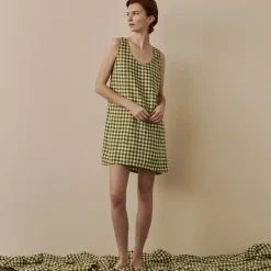 Botanical Green Gingham Linen Night Dress