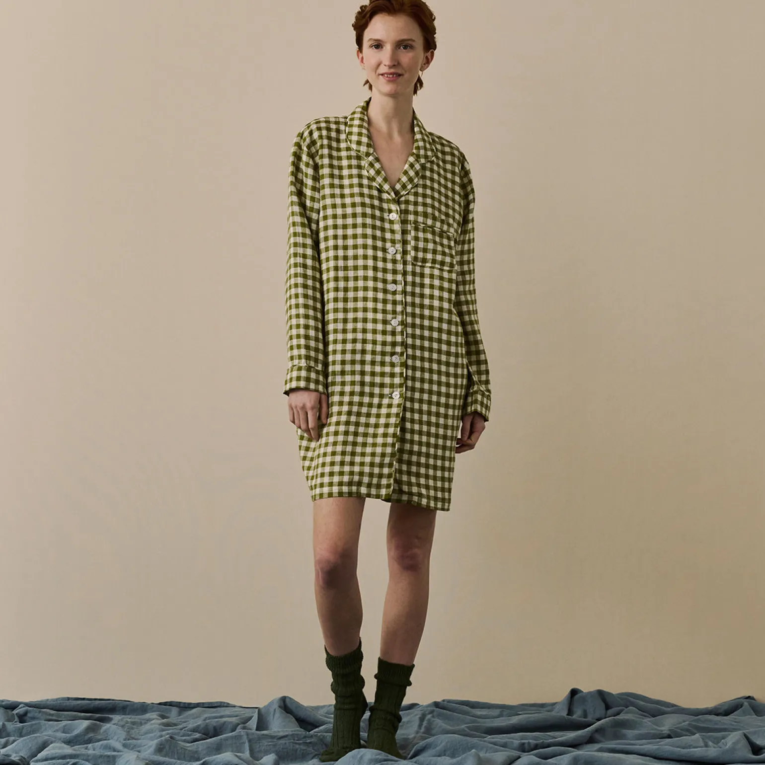 Botanical Green Gingham Linen Night Shirt
