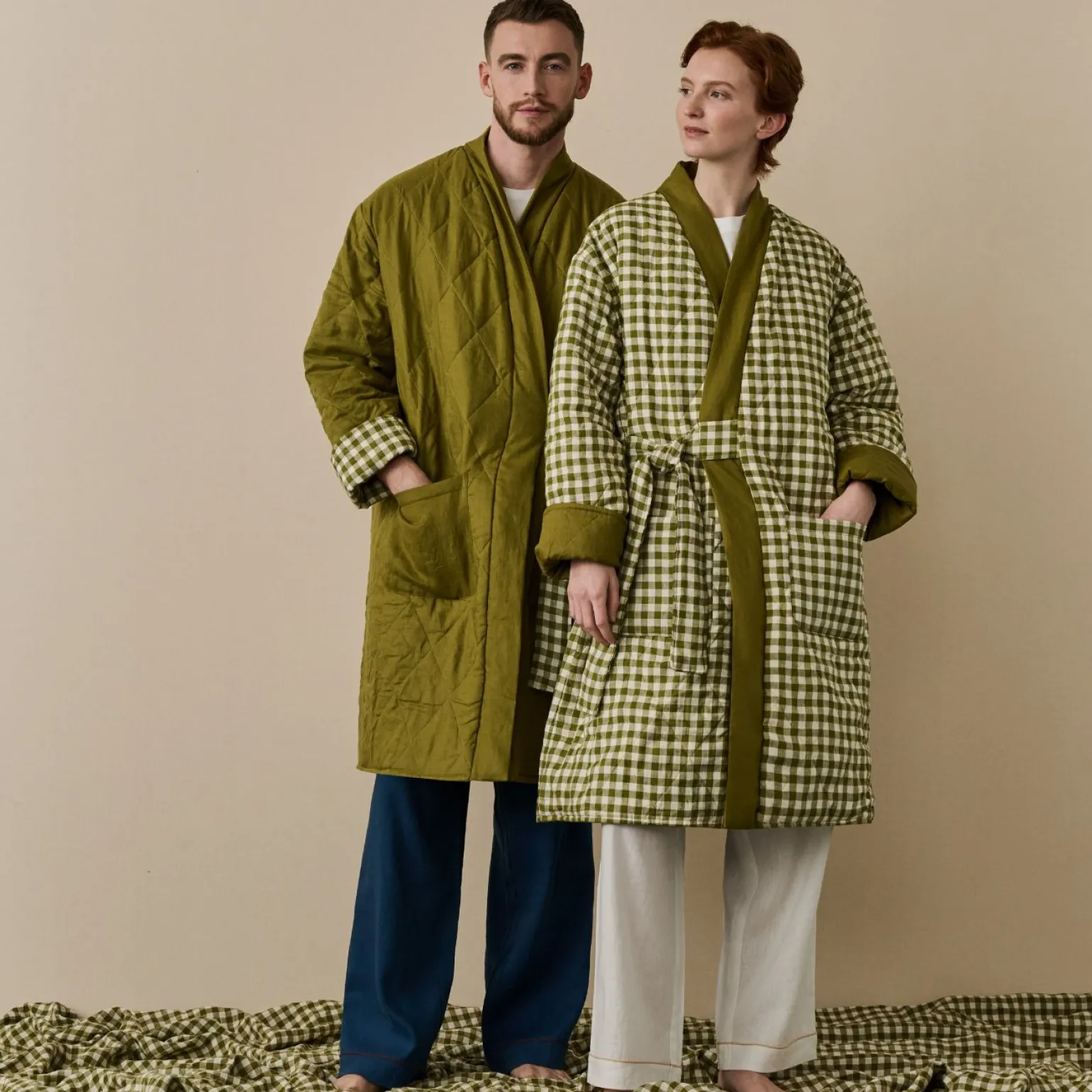 Botanical Green Gingham Linen Housecoat