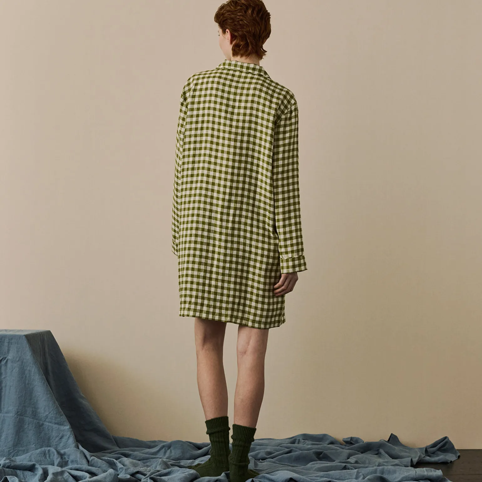 Botanical Green Gingham Linen Night Shirt