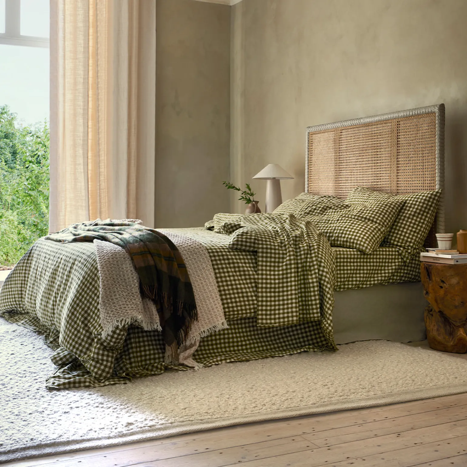 Botanical Green Gingham Linen Blend Fitted Sheet