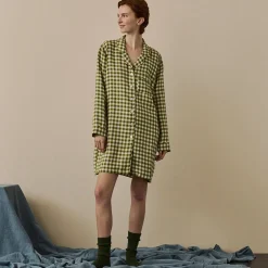 Botanical Green Gingham Linen Night Shirt