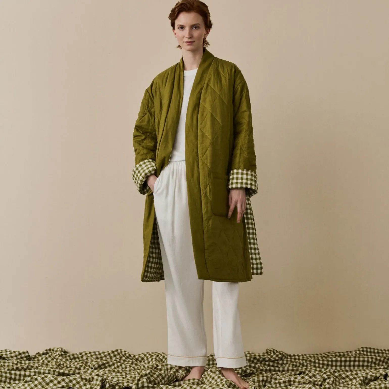 Botanical Green Gingham Linen Housecoat
