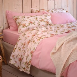 Cream Pastel Field Rose Linen Blend Flat Sheet