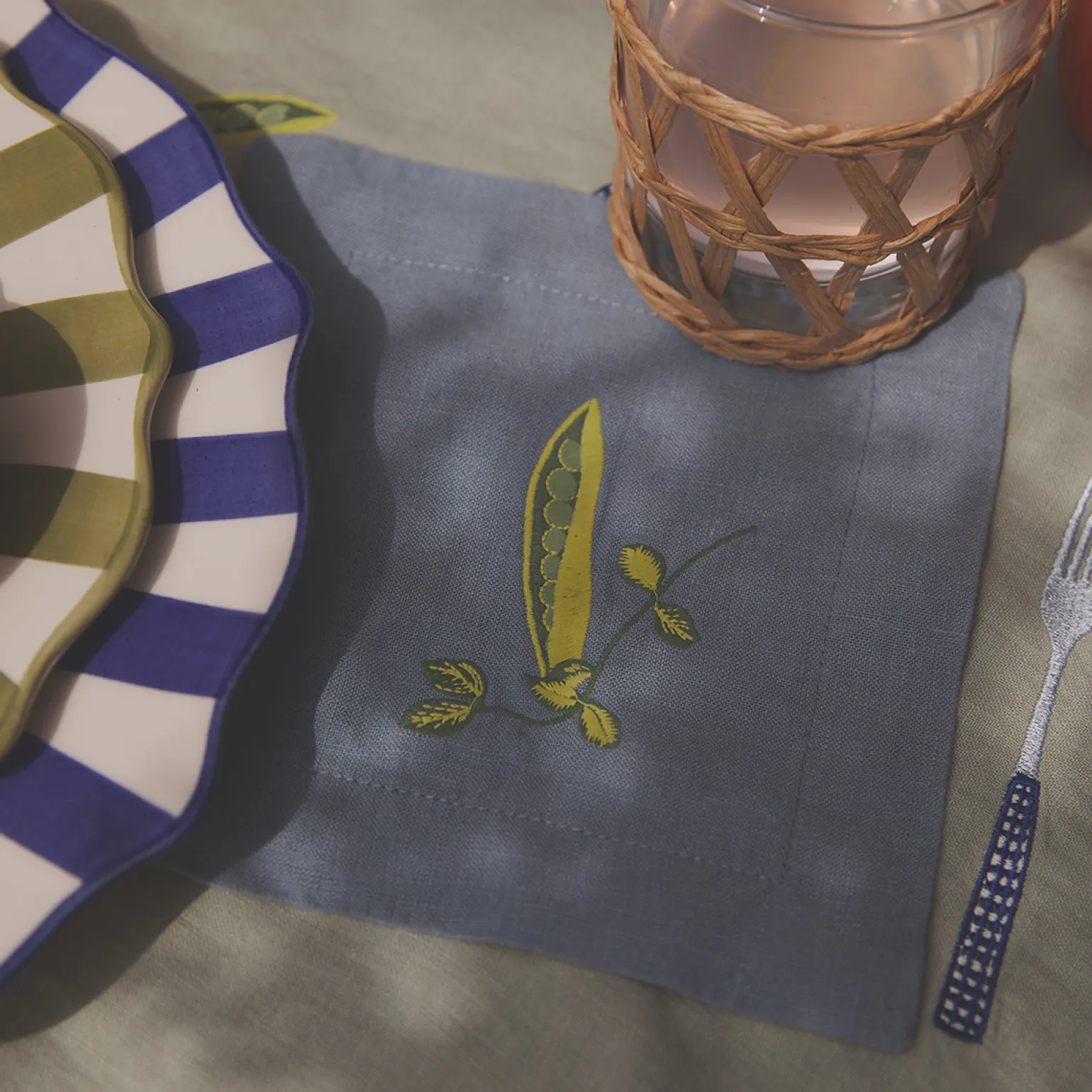 Dusk Blue Embroidered Linen Coasters Set of 4