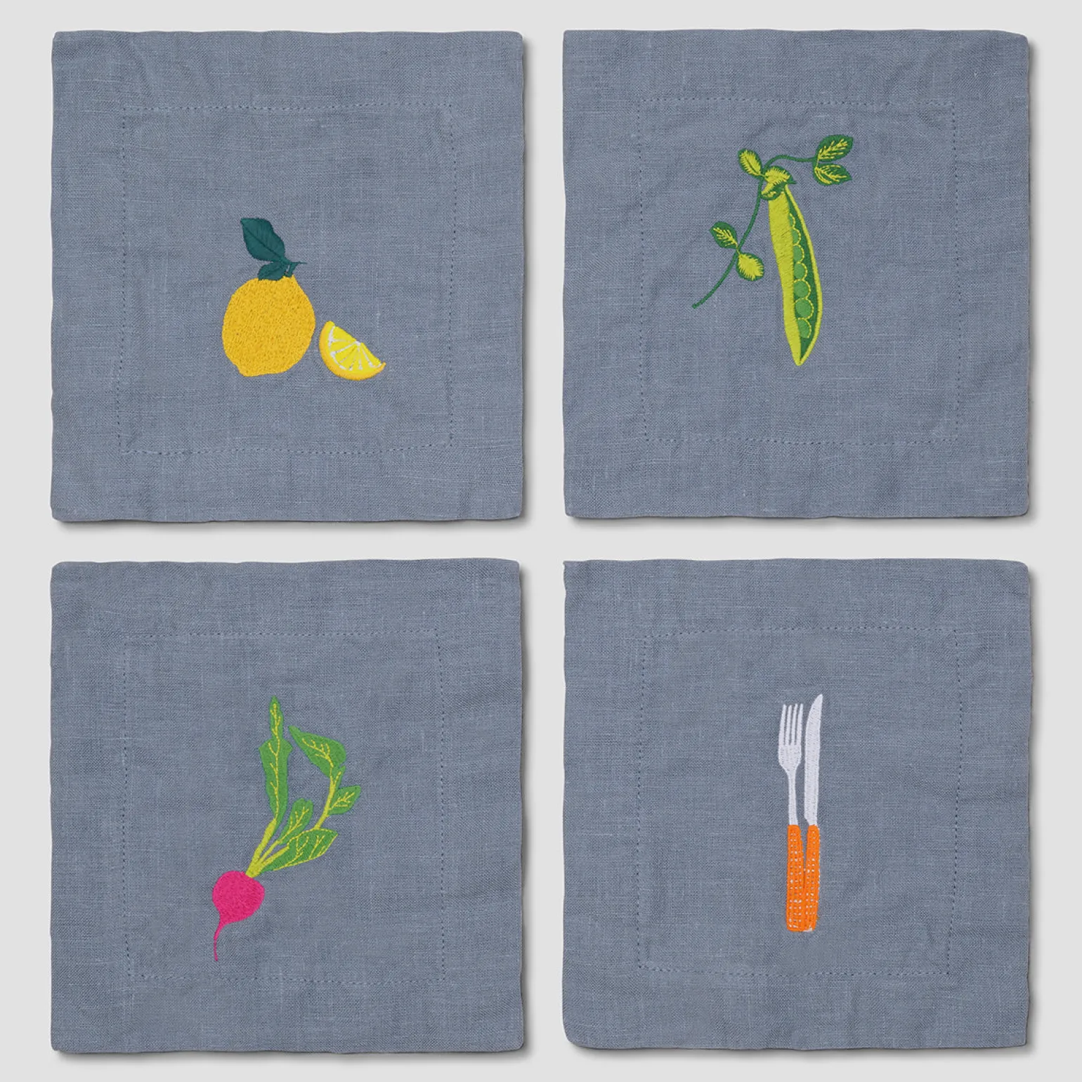 Dusk Blue Embroidered Linen Coasters Set of 4