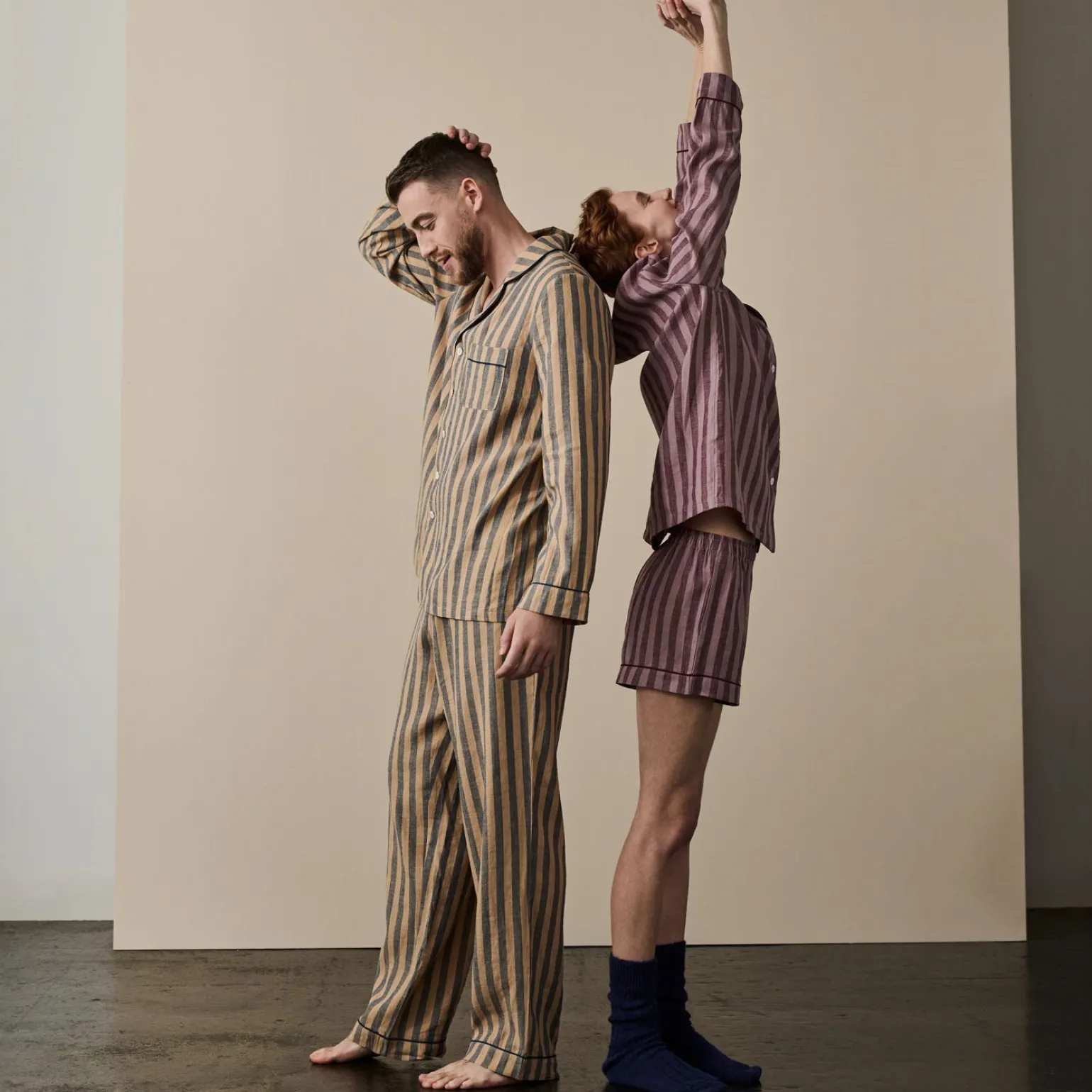 Men's Blue & Porcini Striped Linen Pajama Set