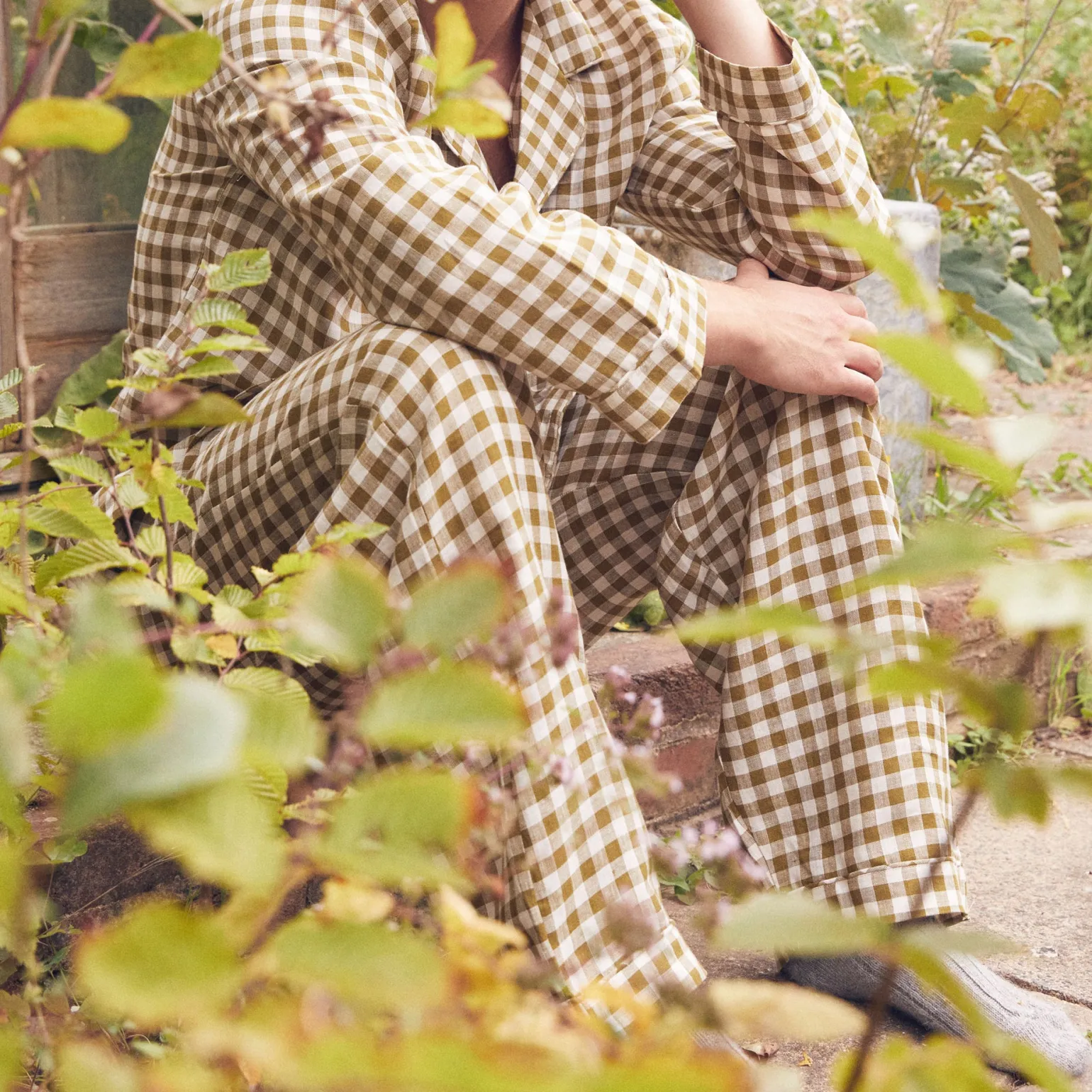 Men's Botanical Green Gingham Linen Pajama Pants