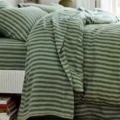 Pine Green Stripe 100% Linen Flat Sheet