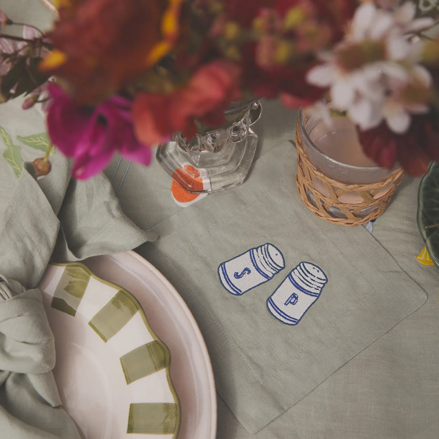 Sage Green Embroidered Linen Coasters Set of 4