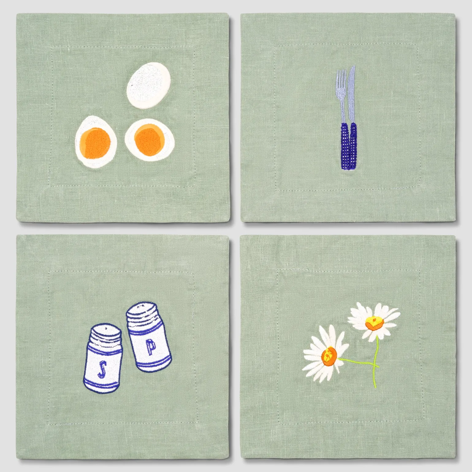 Sage Green Embroidered Linen Coasters Set of 4