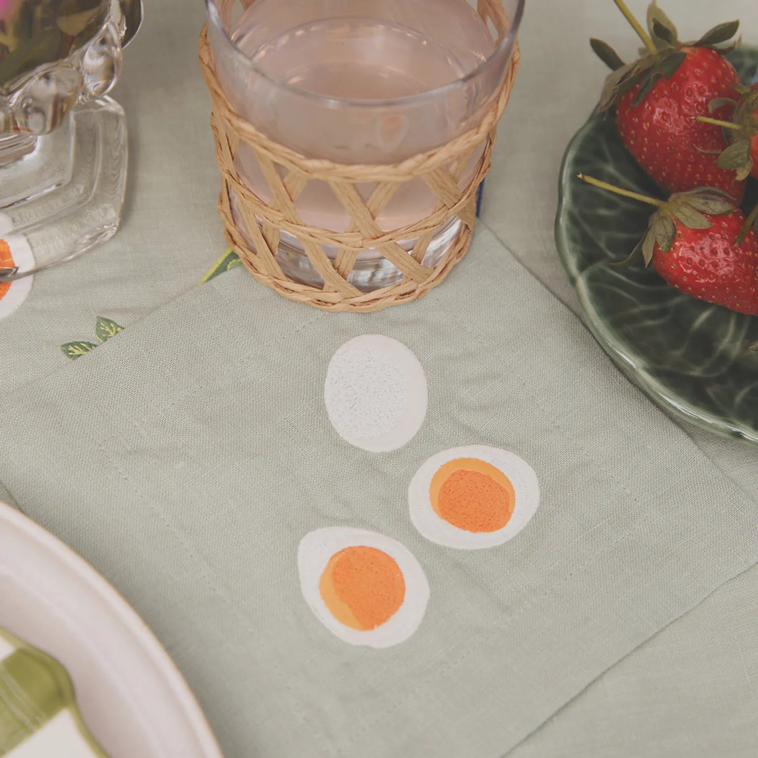 Sage Green Embroidered Linen Coasters Set of 4