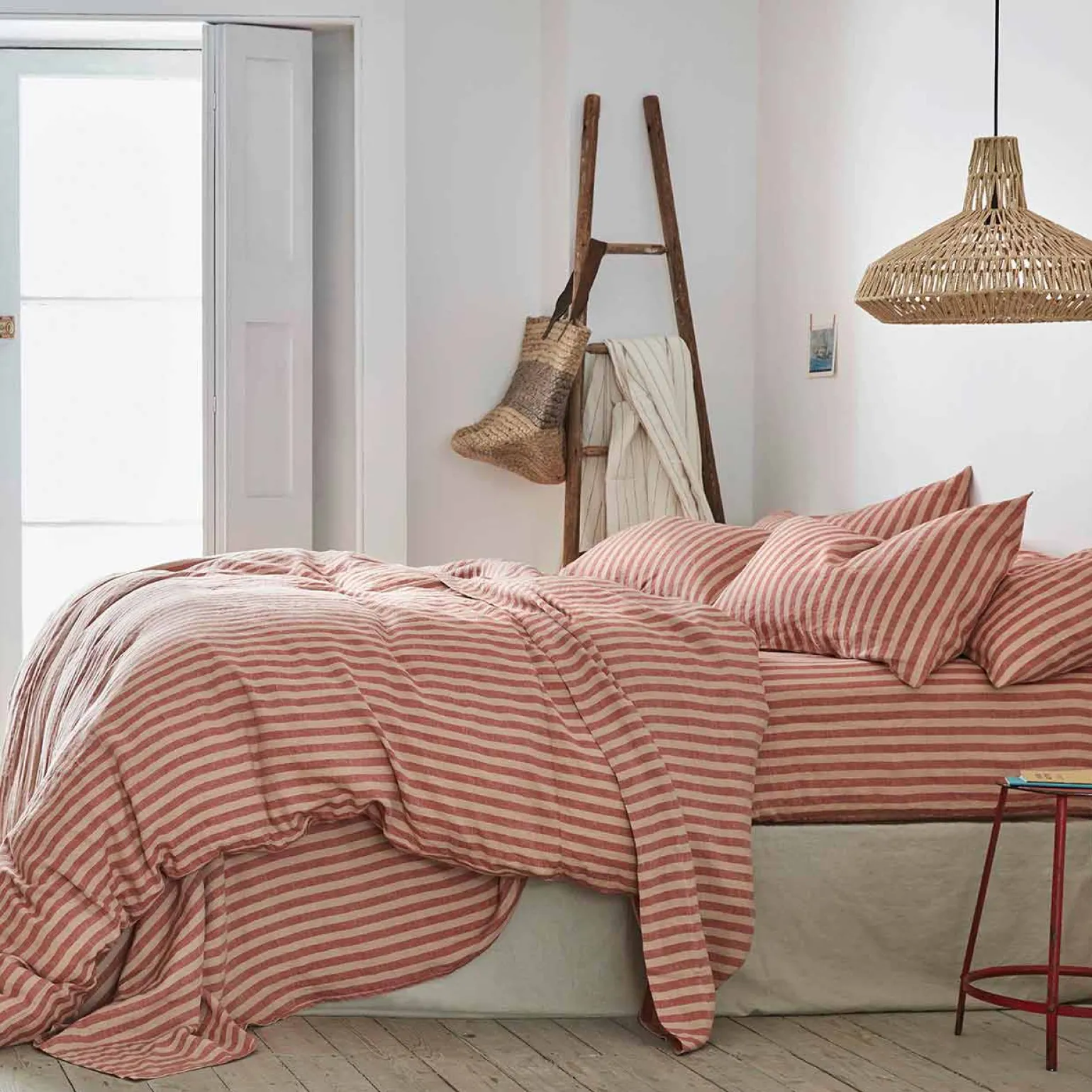 Sandstone Red Pembroke Stripe Linen Blend Fitted Sheet