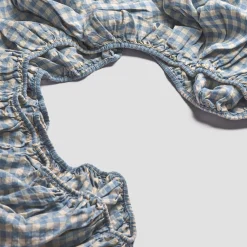 Warm Blue Gingham 100% Linen Fitted Sheet