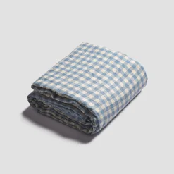 Warm Blue Gingham 100% Linen Flat Sheet