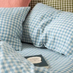 Warm Blue Gingham 100% Linen Pillowcases (Pair)