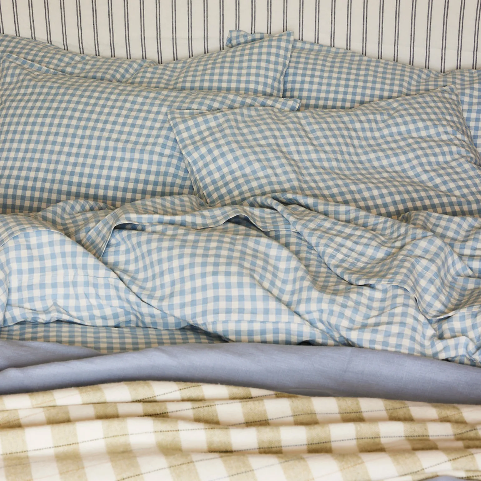 Warm Blue Gingham Linen Blend Pillowcase (Pair)