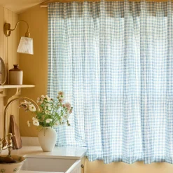 Warm Blue Gingham Linen Blend Curtains (Pair)