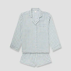 Warm Blue Gingham Linen Pajama Shorts Set