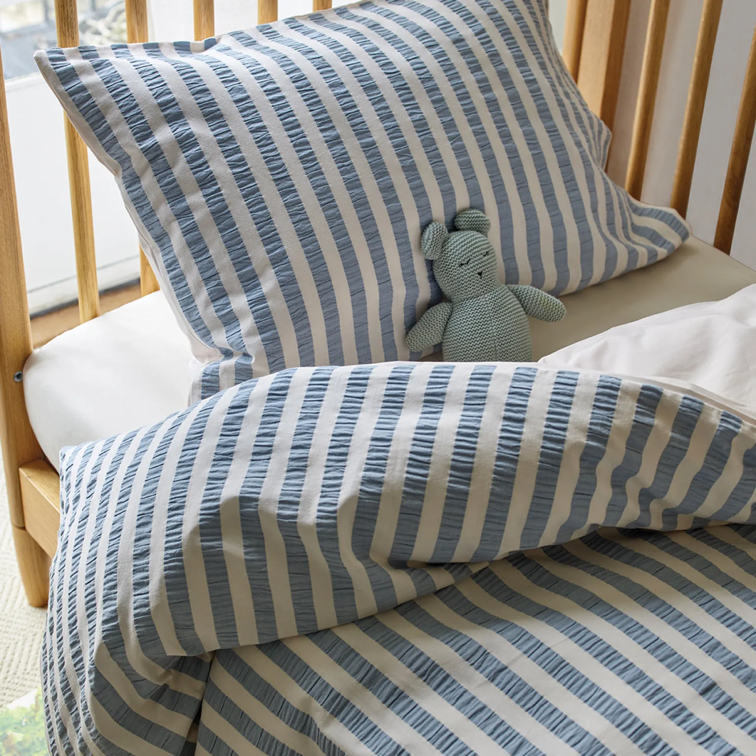 Warm Blue Seersucker Kids Stripe Cotton Bedding Set