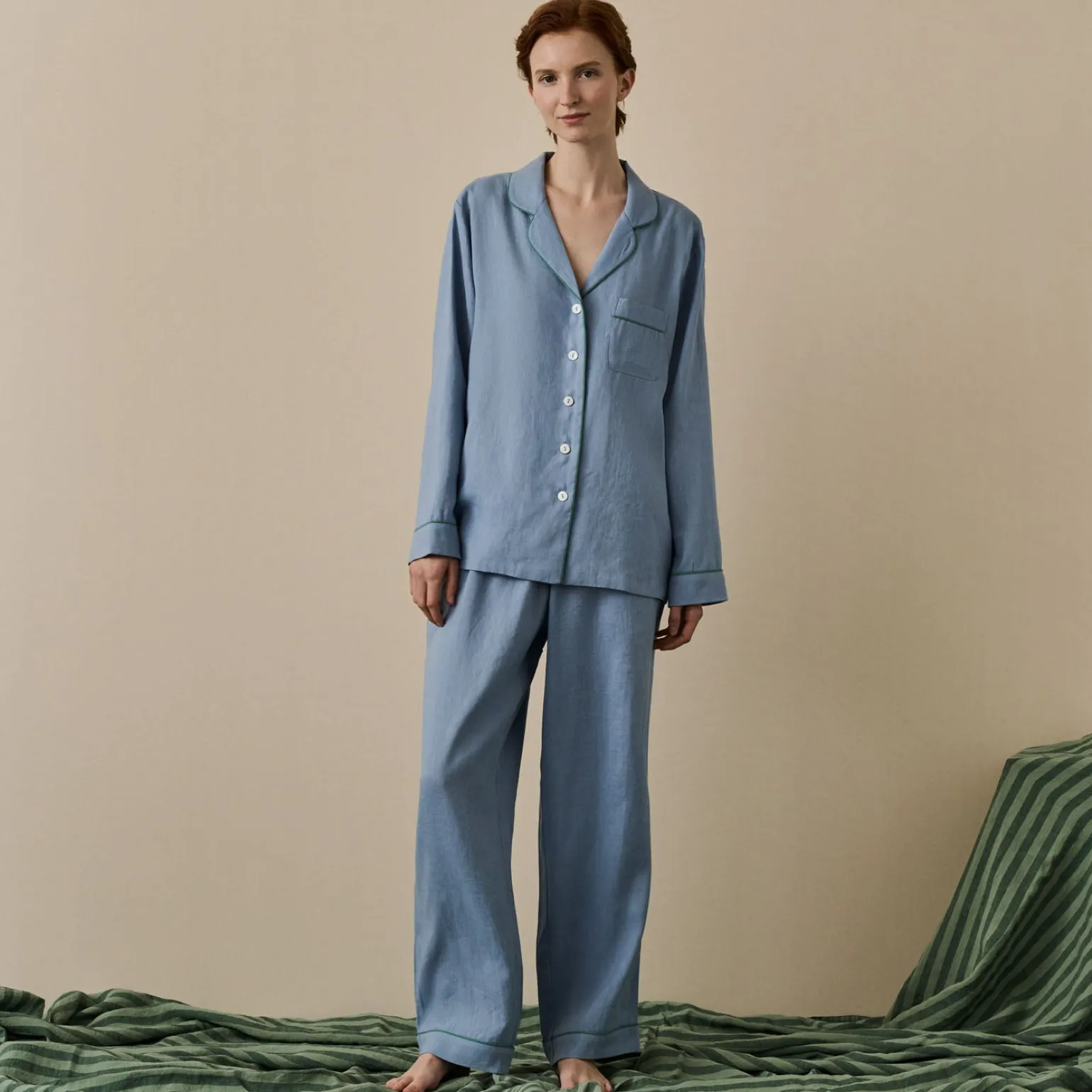Wave Blue Linen Pajama Set