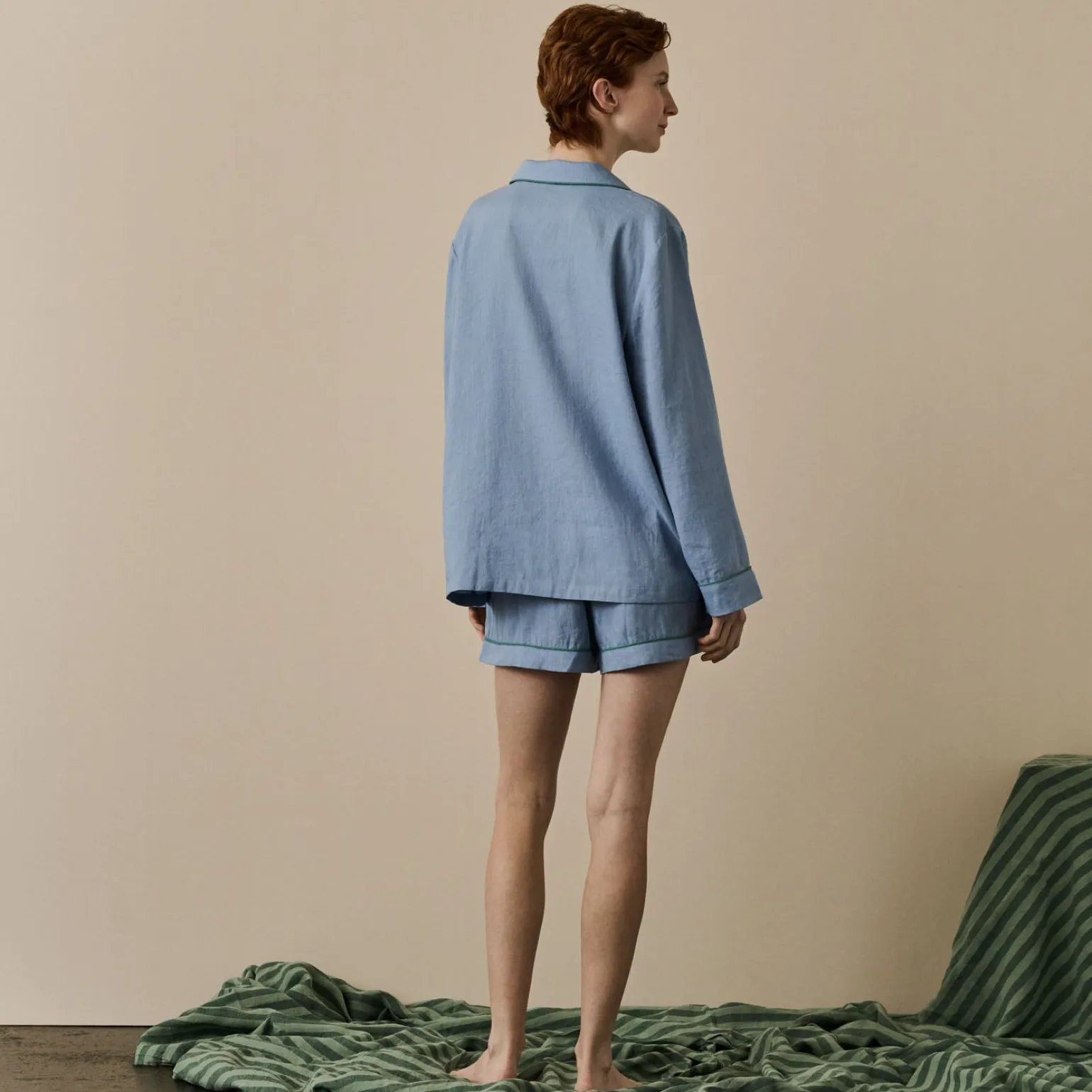 Wave Blue Linen Pajama Shorts Set